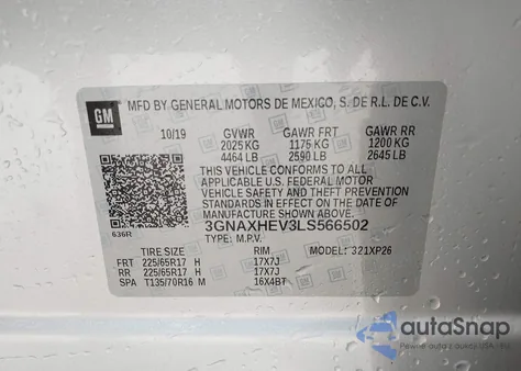 2020 Chevrolet Equinox Fwd Ls z USA, uszkodzony, nr VIN 3GNAXHEV3LS566502